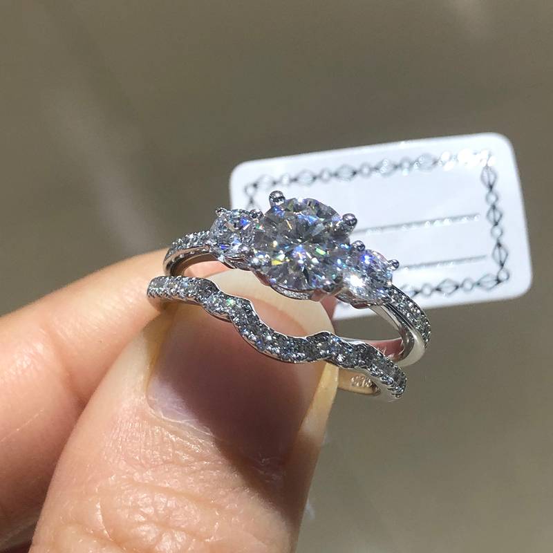 Three Stone Women's Ring S925 Silver Plated Platinum Primary and Secondary Set Ring Stacked Women's Ring Customized Main Stone Moissanite Diamond 1.0ct/Secondary Stone High Carbon Diamond